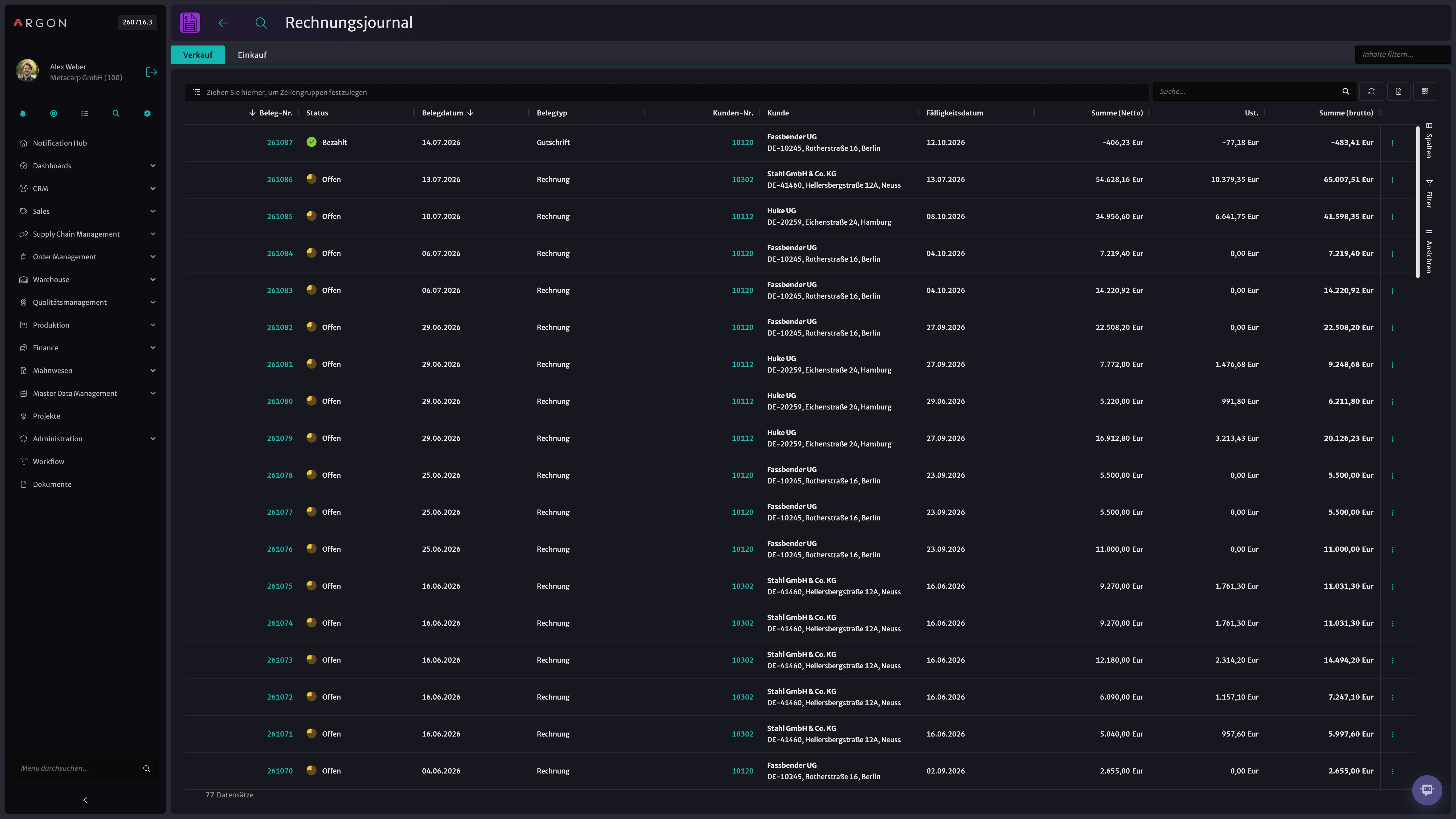 Argon-Screenshot: Rechnungsjournal