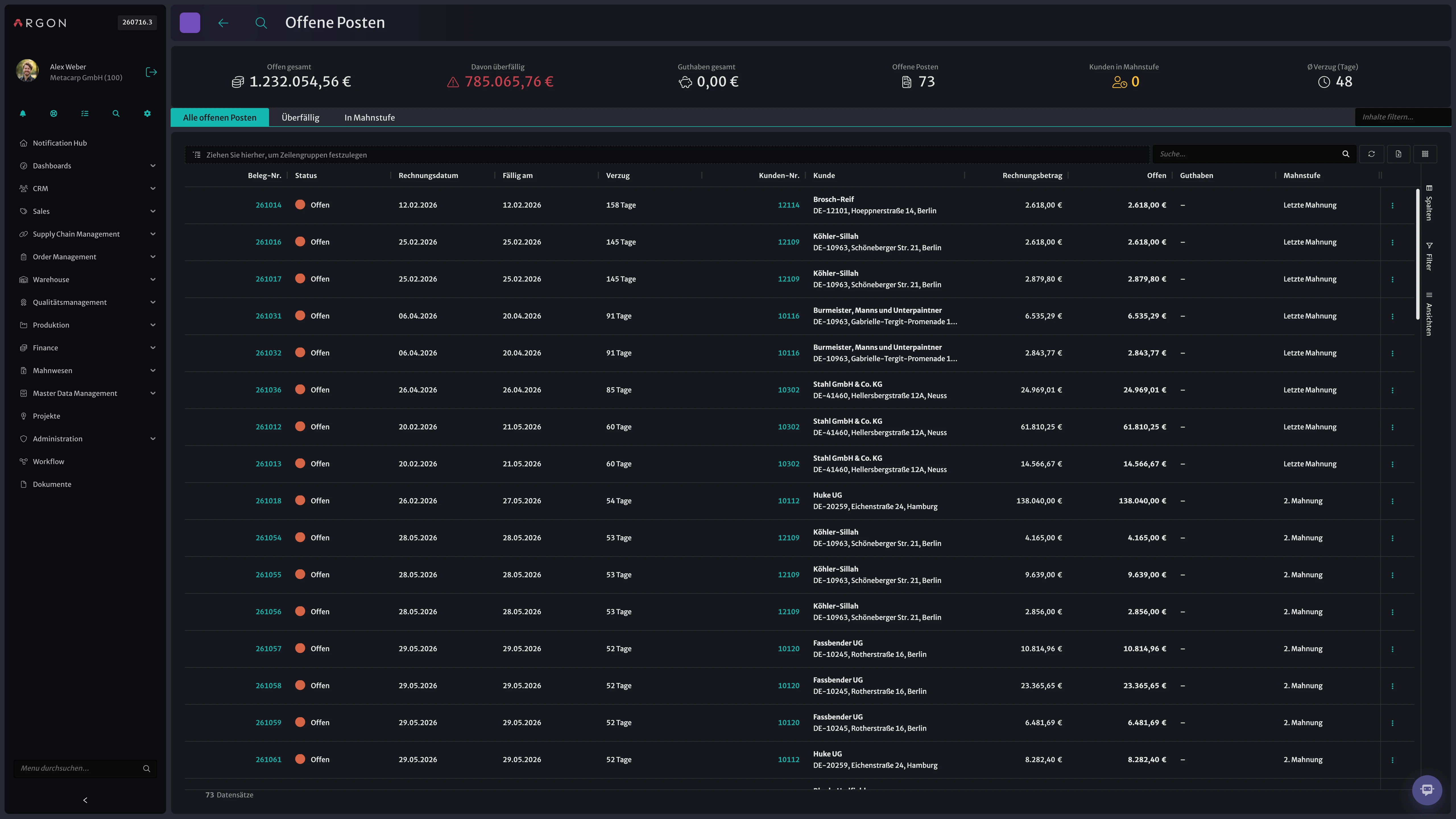 Argon-Screenshot: Offene Posten