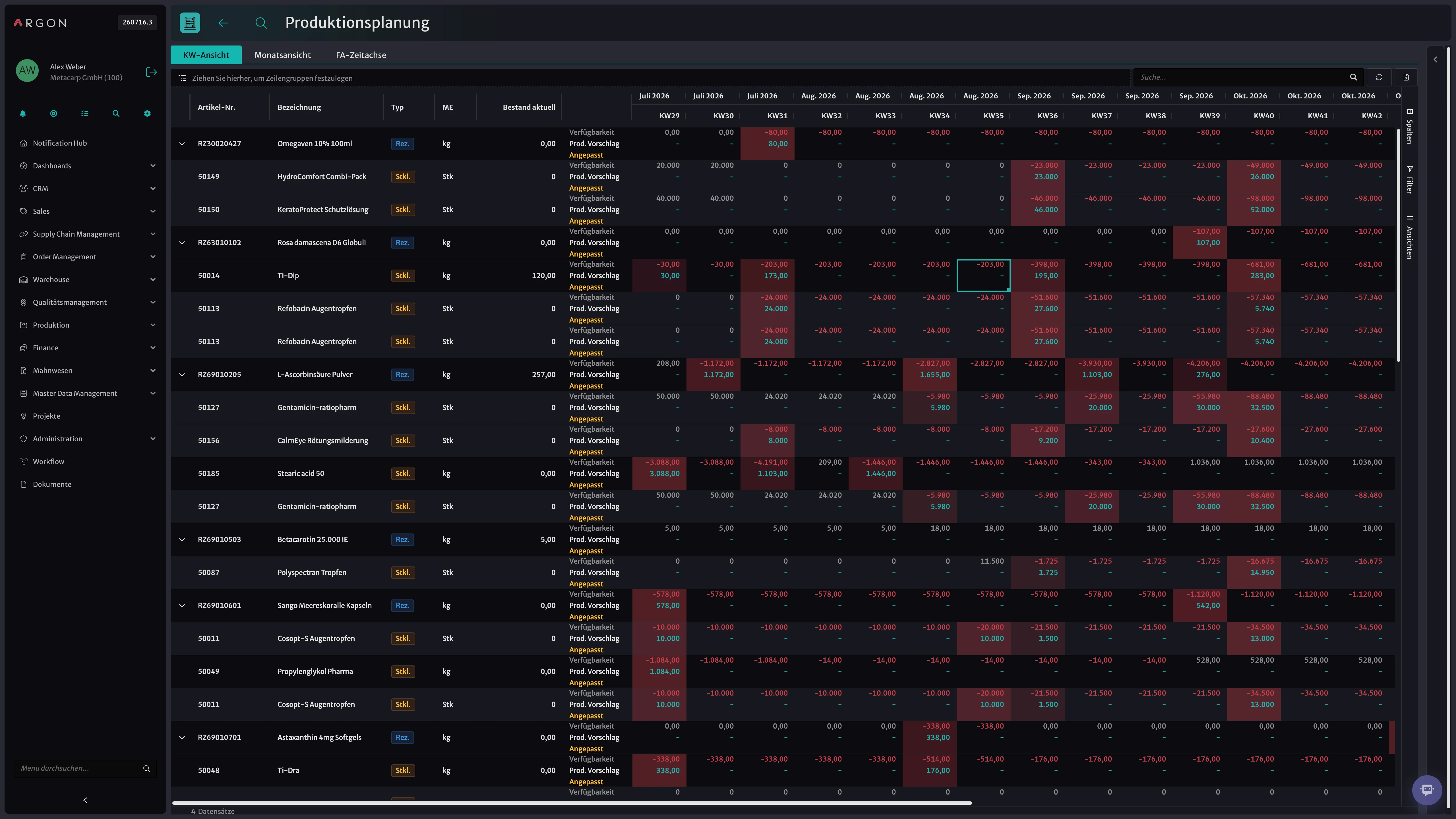 Argon-Screenshot: Produktionsplanung