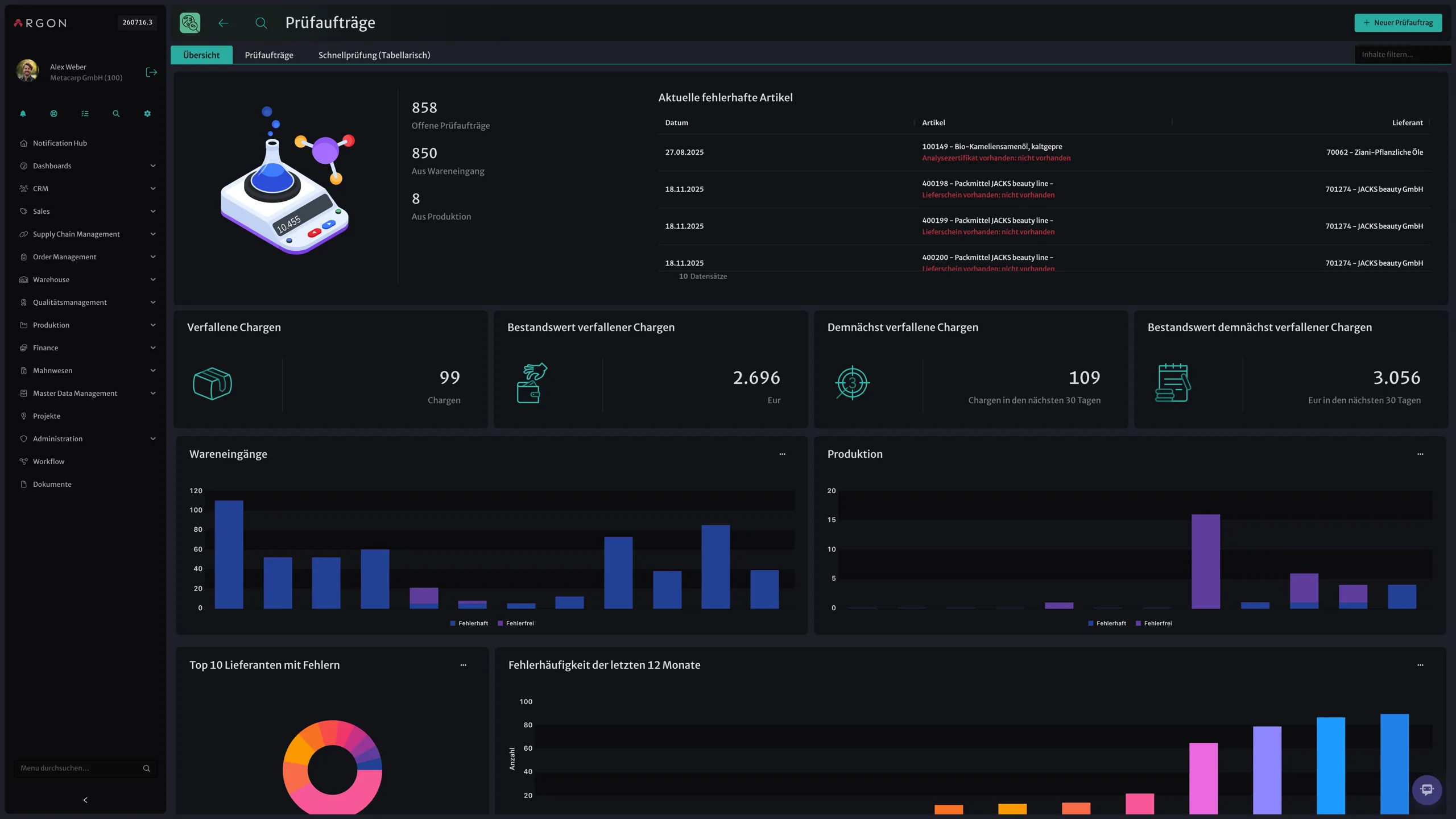 Prüfauftrags-Dashboard mit offenen Prüfungen aus Wareneingang und Produktion